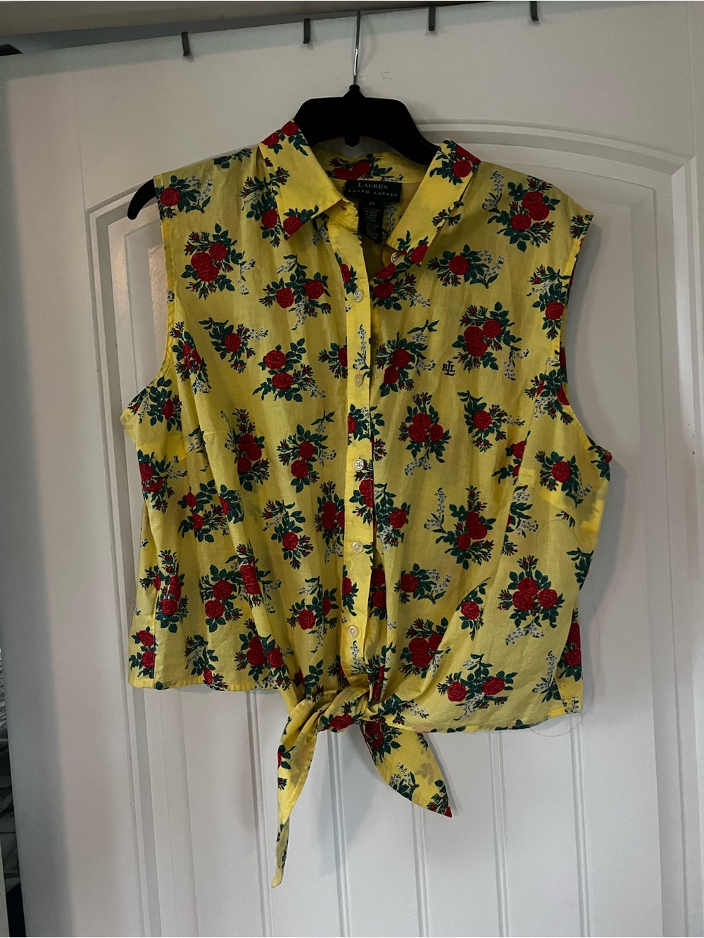 Ralph Lauren Yellow Sleeveless Floral Tie-Front Button Down Shirt